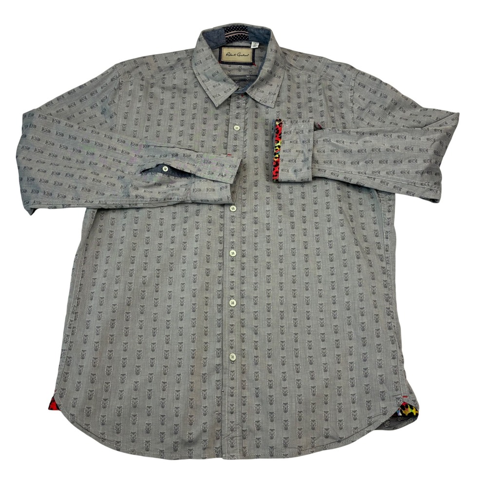 Robert Graham Shirt Mens XL Grey Tiki Mask Tailored Fit Cotton Button Down Long - Picture 2 of 8
